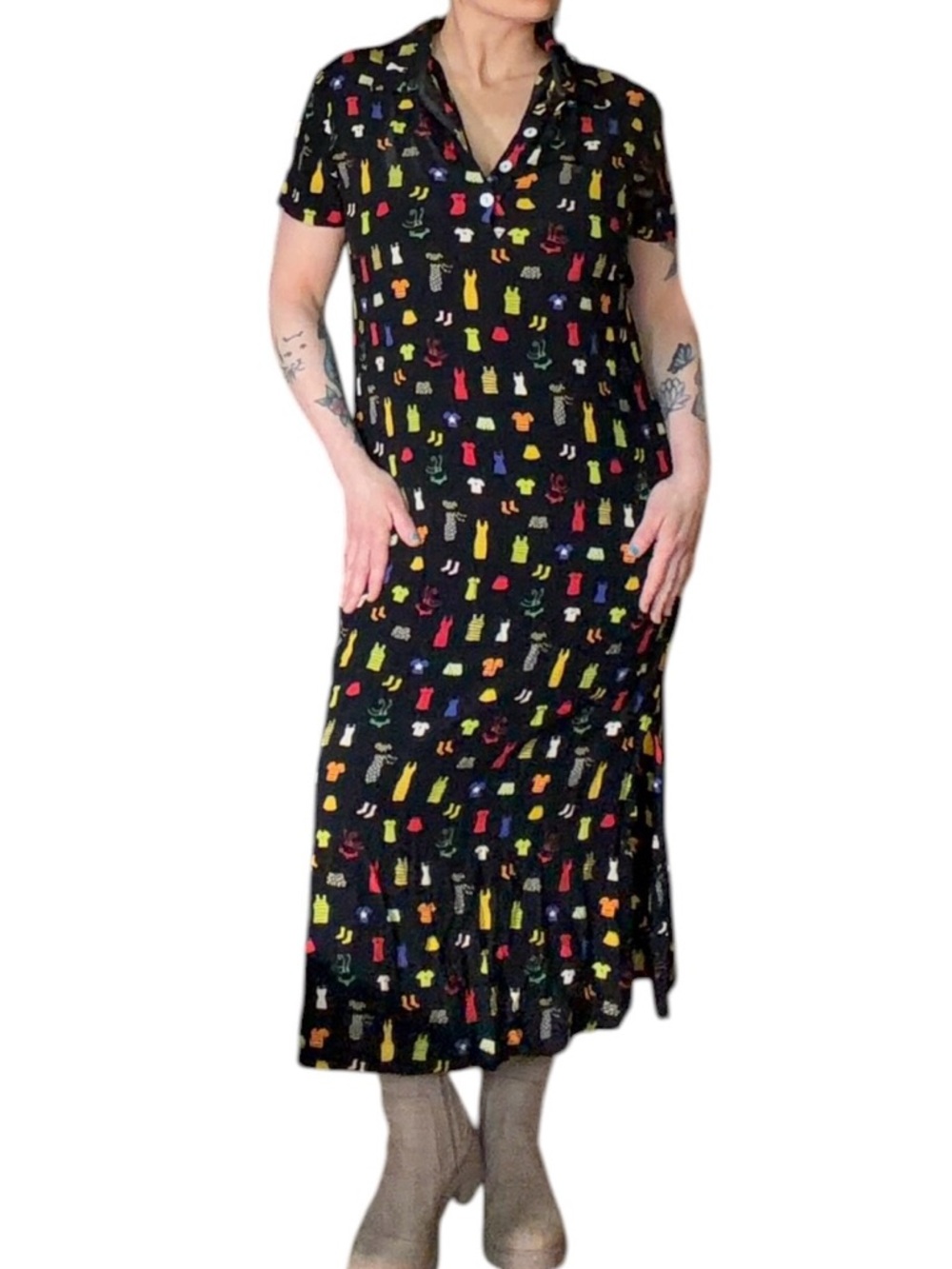 Navy Short Sleeve Tie-Waist Dress With Cute Fits on the Pattern
